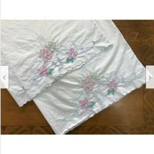 Vintage Embroidered Pillowcases with Floral Design & Scallop Edge Set of 2